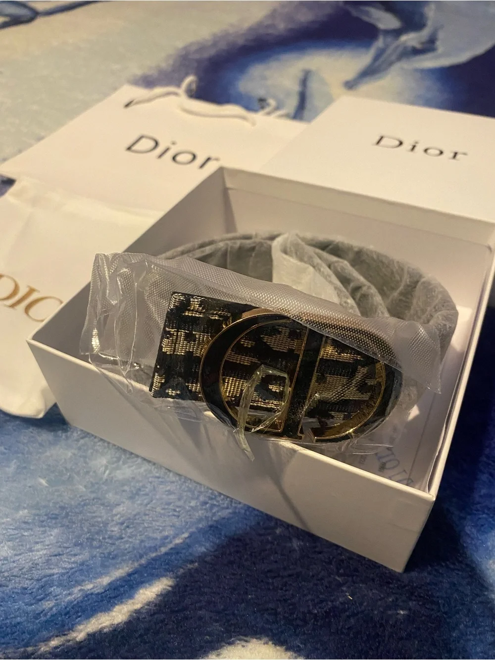 Dior Black & Blue Monogram Canvas Belt with Gold 'CD' Buckle
